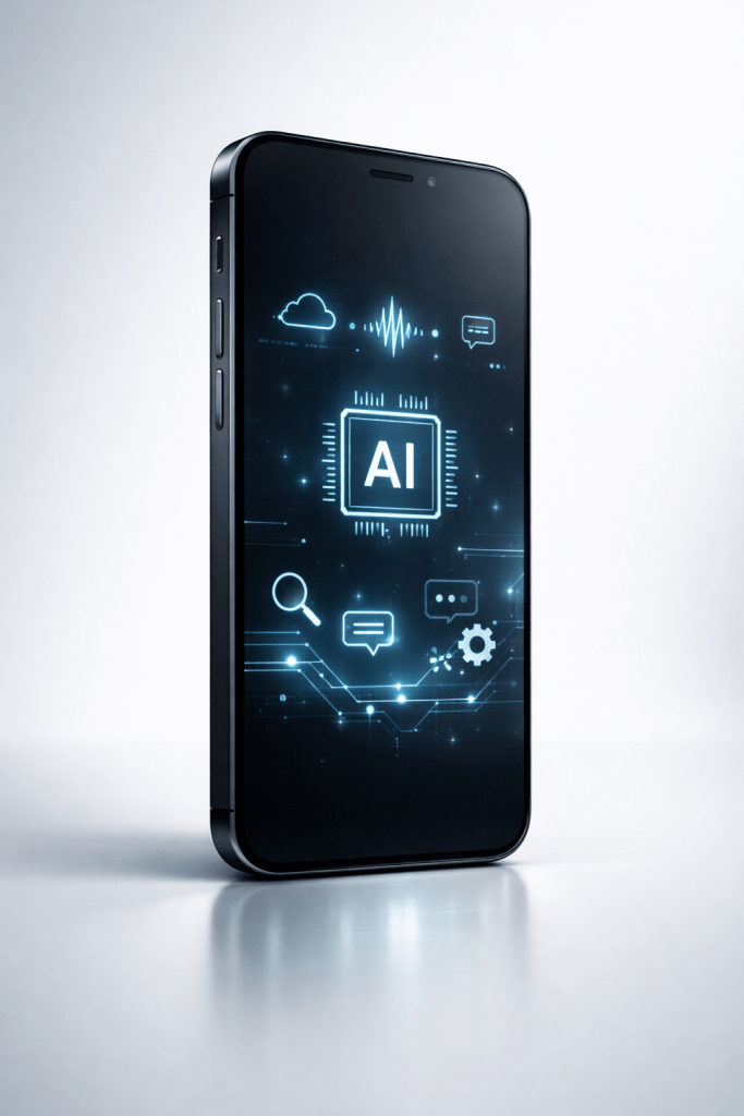 Illustration conceptuelle d'un smartphone noir très fin, vu de trois-quarts sur fond clair, avec une interface minimaliste évoquant l'intelligence artificielle embarquée sans représenter un modèle réel existant.